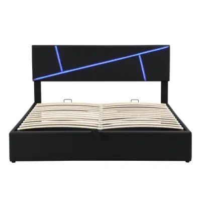 Postelja s predalom 140x200 cm iz umetnega usnja - z LED in letvičastim okvirjem - črna