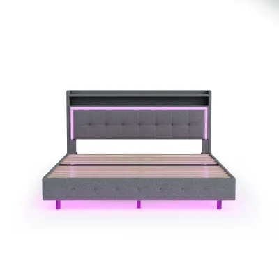 Oblazinjena postelja 140x200 cm iz lanene tkanine - z USB priključkom in LED osvetlitvijo - siva