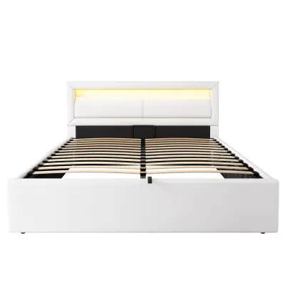Postelja s predalom z LED osvetlitvijo 140x200 cm – iz umetnega usnja – bela
