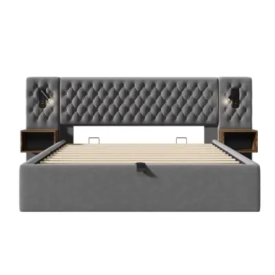 Postelja s predalom 160x200 cm iz žameta – 2 nočni omarici, 2 bralni lučki z USB – siva