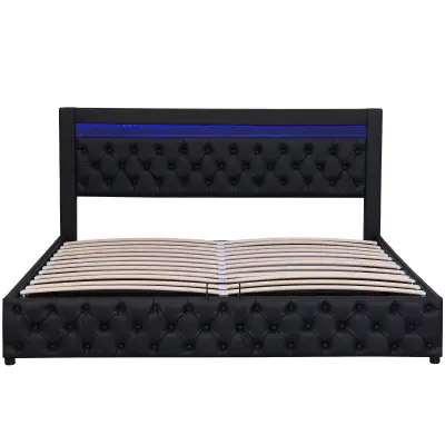 Oblazinjena postelja s predalom iz umetnega usnja z LED – 160x200 cm – z letvenim dnom – črna