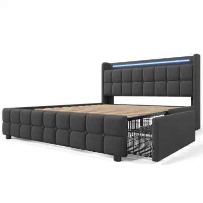 Oblazinjena postelja 140x200 cm iz lana - z LED in polnilnimi priključki za USB - 4 predali - siva