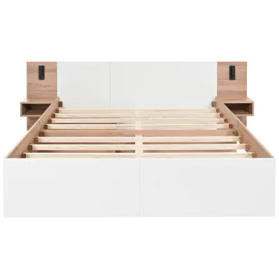 Dvoposteljna postelja 160x200 cm, z 2 nočnima omaricama in 2 predaloma, 2 vrtljivi bralni lučki z USB priključkom, bela