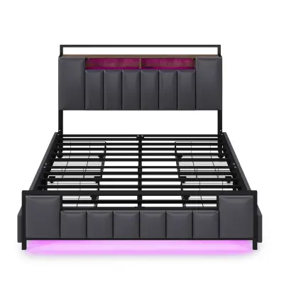 Postelja za odrasle 160x200 cm iz umetnega usnja - z LED in USB priključkom - 4 predali - kovinski okvir - siva