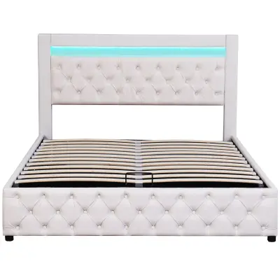 Oblazinjena postelja s predalom iz umetnega usnja z LED – 140x200 cm – z letvenim dnom – bela