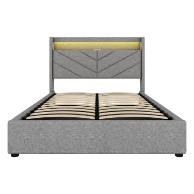Postelja s predalom 140x190 cm – laneno blago – z LED in USB-priključkom – siva