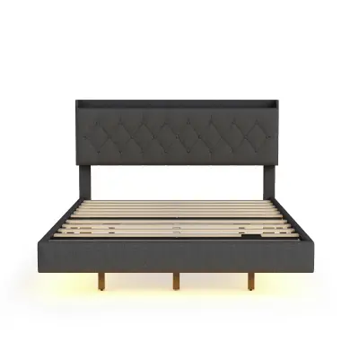 Kapitonirana postelja 140x200 cm iz lanu – z USB-polnilnikom in LED – z letvenim dnom – siva