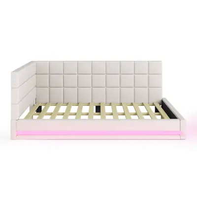 Oblazinjena klopna postelja iz žameta 140x200 cm – z LED osvetlitvijo in USB priključkom – bež