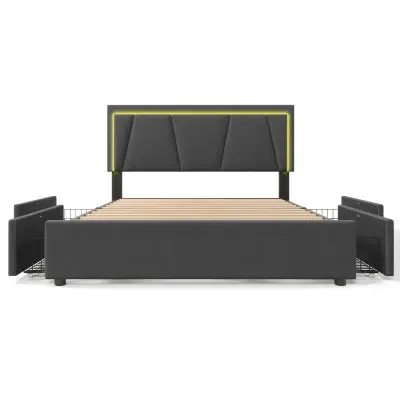 Oblazinjena postelja 140x200 cm iz lanu – z 2 predaloma, LED in letvenim dnom – siva