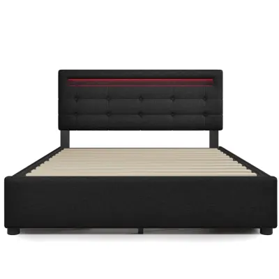 Postelja s predalom 140x200 cm iz lanu – z LED, 2 predaloma in letvenim dnom – črna