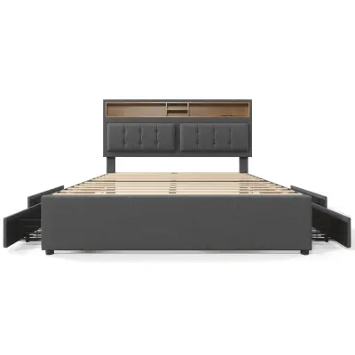 Oblazinjena postelja za odrasle z 4 predali in USB-polnilnikom – 140x200 cm – laneno blago – siva