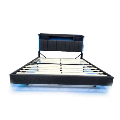 Postelja 160x200 cm iz lanu – z USB-priključkom in letvenim dnom – siva