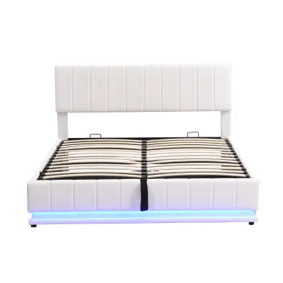 Postelja iz umetnega usnja z LED + letvena podlaga + nastavljivo vzglavje – 160x200 cm – bela