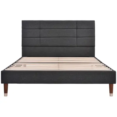 Dvoposteljna postelja 140x200 cm – oblazinjena v lan – z letvenim dnom in vzglavjem – siva