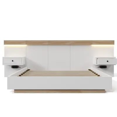 Postelja za odrasle 180x200 cm iz lesa z visečima nočnima omaricama + LED in USB priključki + letvena podlaga - bela
