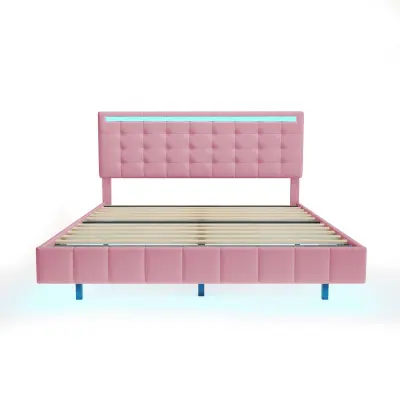 Postelja za odrasle 160x200 cm – lebdeča z LED in 2 USB-priključkoma + letveno dno – laneno blago – roza