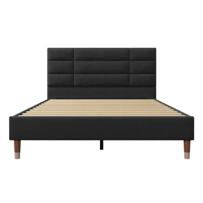 Dvoposteljna postelja 140x200 cm – oblazinjena iz lana z letveno podlago in vzglavjem – črna