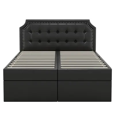 Oblazinjena postelja s predalom 140x200 cm iz umetnega usnja - odprta z obeh strani - črna