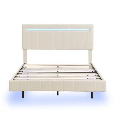 Oblazinjena postelja iz lana - 140x200 cm - z LED osvetlitvijo in USB priključkom za polnjenje - bež