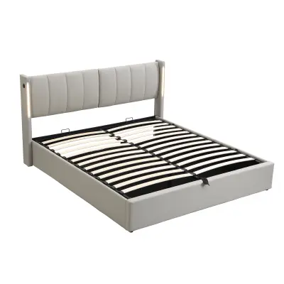 Postelja s predalom iz umetnega usnja – 180x200 cm – z USB in LED – nastavljivo vzglavje – siva