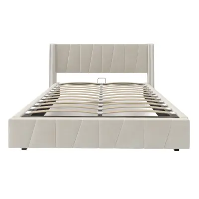 Dvoposteljna postelja 160x200 cm - sodoben okvir, žamet, USB, shranjevanje, LED - bež
