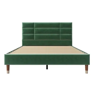 Dvoposteljna postelja 140x200 cm - oblazinjena iz žameta z letveno podlago in vzglavjem - zelena