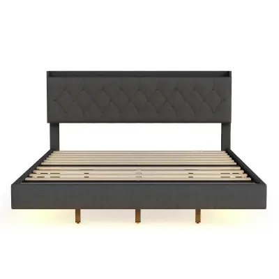 Kapitonirana postelja 160x200 cm iz lanu – z USB-polnilnikom in LED – z letveno podlago – siva