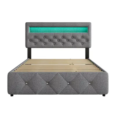 Oblazinjena postelja za odrasle 140x200 cm z LED – z dodatno izvlečno posteljo in 2 predaloma – laneno blago – siva