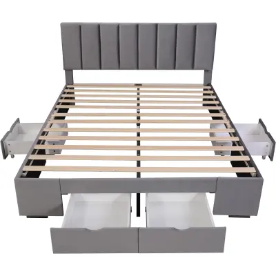 Oblazinjena postelja za odrasle iz žameta 160x200 cm – s 4 predali + nastavljivo vzglavje – siva