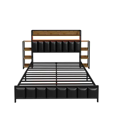 Postelja 140x200 cm iz umetnega usnja – z LED in policami – črna