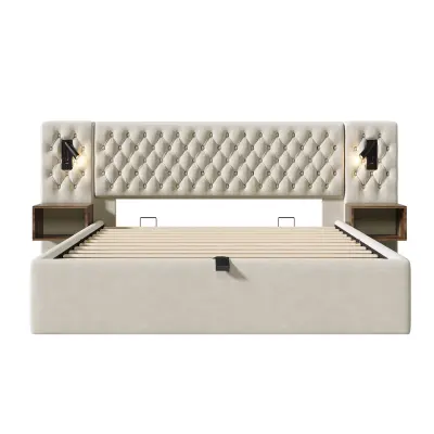 Oblazinjena postelja 180x200 cm iz žameta, 2 nočni omarici, 2 berilni luči z USB - bež (brez vzmetnice)
