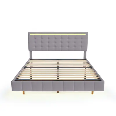 Postelja za odrasle 160x200 cm – lebdeča z LED in 2 USB-priključkoma + letveno dno – laneno blago – siva
