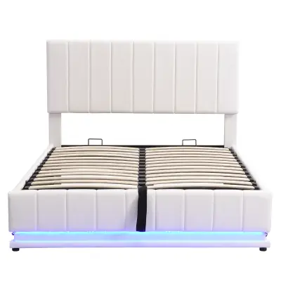 Postelja iz umetnega usnja z LED + letvena podlaga + nastavljivo vzglavje – 140x200 cm – bela