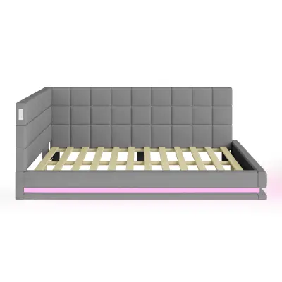 Oblazinjena postelja z naslonom iz žameta 140x200 cm - z LED osvetlitvijo in USB priključkom - siva