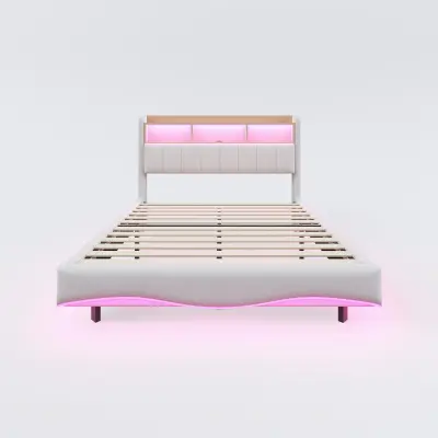 Postelja za odrasle 160x200 cm iz lana - nastavljiv vzglavnik s prostorom za shranjevanje z LED in vtičnicami - bež