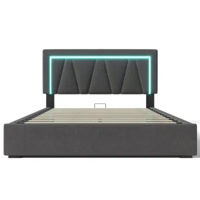 Oblazinjena postelja s predalom 160x200 cm z LED, USB in Type-C priključki – laneno blago – siva