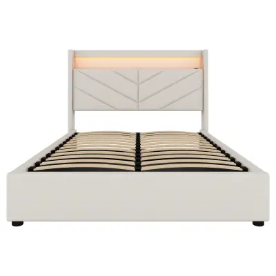 Postelja s predalom 140x190 cm – laneno blago – z LED in USB-priključkom – bež
