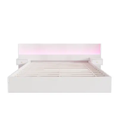 Postelja za odrasle s shrambo 180x200 cm – z USB priključki in LED – 2 nočni omarici in 2 predala – bela