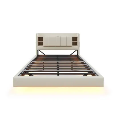Oblazinjena postelja iz lana 140x200 cm – z USB priključkom + LED osvetlitvijo – z kovinsko letveno podlago – bež