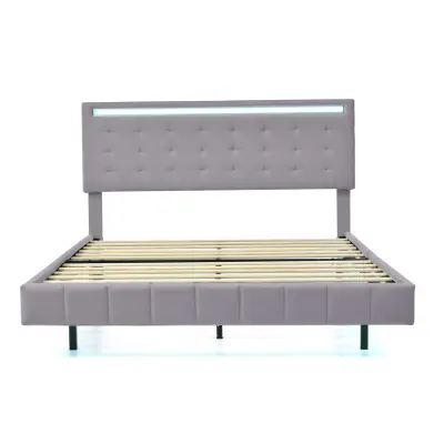 Postelja za odrasle 140x200 cm – lebdeča z LED in 2 USB-priključkoma + letveno dno – laneno blago – siva