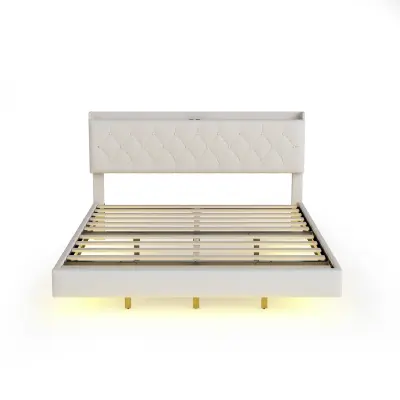 Kapitonirana postelja 140x200 cm iz lanu – z USB-polnjenjem in LED – z letvenim dnom – bež