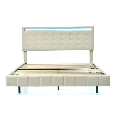 Lebdeča postelja za odrasle 140x200 cm z LED, 2 USB priključkoma in letvenim dnom – laneno blago – bež