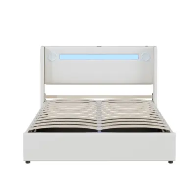Postelja s predalom 140x200 cm iz umetnega usnja – LED, Bluetooth, USB priključki in letveno dno – bela