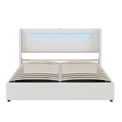 Postelja s predalom 160x200 cm iz umetnega usnja – z LED osvetlitvijo, Bluetooth, USB priključki in letveno podlago – bela