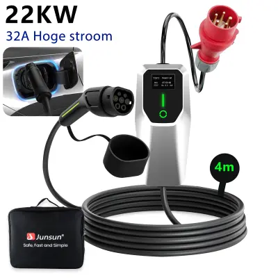 Tip 2 EV električni avtomobilski polnilni kabel –  22kW, nastavljiv tok, LCD zaslon, prenosni polnilnik 4 m z vtičem Schuko 6-32A IP67