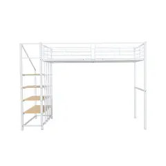 Postelja Mezzanine 140x200 cm iz kovine - z policami in varnostno lestvijo - bela (brez vzmetnice)