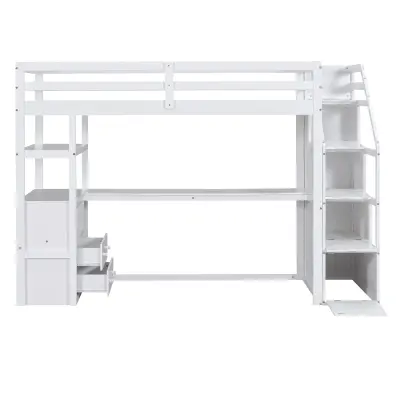 Postelja Mezzanine 90x200 cm - z mizo in stopnicami za shranjevanje - bela