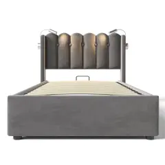 Postelja s predalom oblazinjena z LED za polnjenje USB - 90x200 cm - tkanina iz žameta - z letvenim dnom