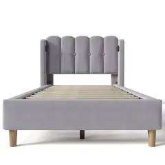 Postelja 90x200 cm oblazinjena iz lana - Z polnilnimi vtičnicami in lesenimi letvicami - Siva