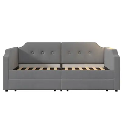 Postelja z banjico 90x200 cm v žametu - Z možnostjo polnjenja in LED - Z lesenimi letvicami - Siva